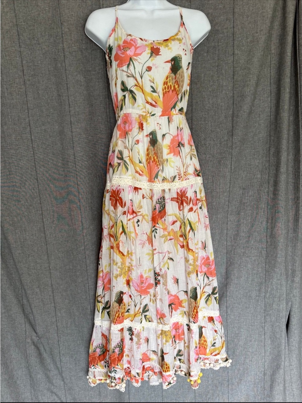 Somerset Maxi Floral Dress S/M Cotton Boho Resort Tropical Bird Ranee’s Pompom